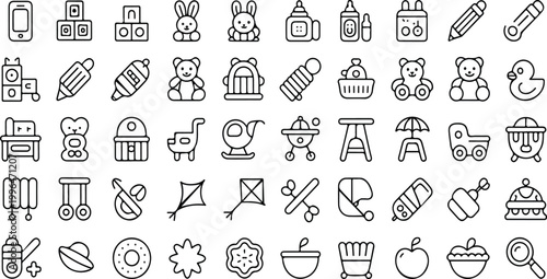Baby icon set vector illustration pack with editable stroke featuring book toy bunny robot rattle crib diaper pacifier feeding symbols