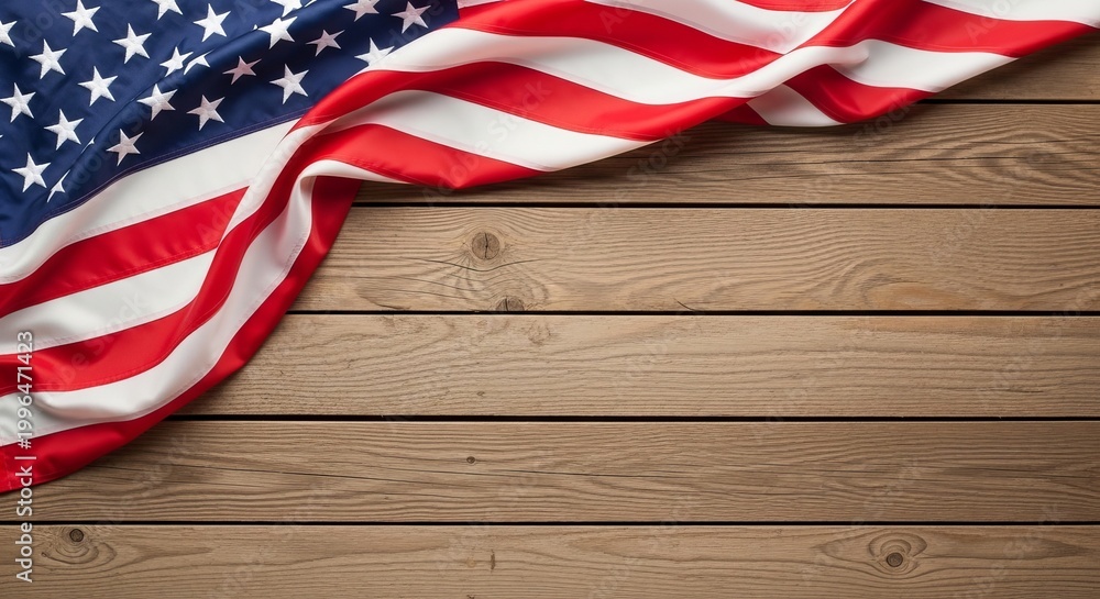 Obraz premium American flag draped on rustic wooden planks symbolizing patriotism and freedom