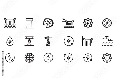 Renewable Energy Icon Collection Hydroelectric Dam Turbine Electricity Symbols for Sustainability Apps