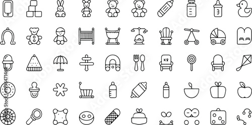 Baby icon set vector illustration pack with editable stroke featuring book toy bunny robot rattle crib diaper pacifier feeding symbols