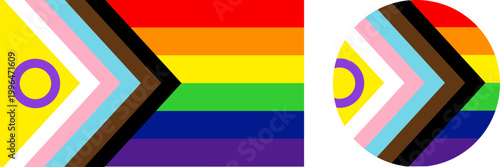 Progress pride flag with intersex circle symbol, inclusive LGBTQ+ rainbow community banner design, modern identity representation with chevrons and stripes