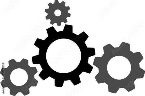 Mechanical gears and cogs for teamwork concept, industrial machinery wheels representing synchronization and efficiency, interlocking black and grey cogwheels for business process