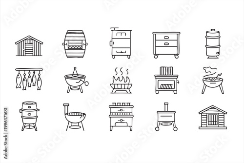 Grill and Smokehouse Icon Set BBQ Cooking Smoker Fire Meat Fish Symbols for Outdoor Food Apps