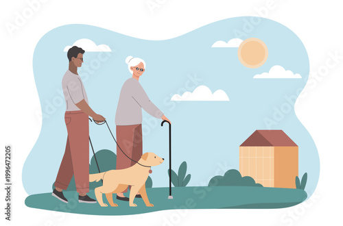 Two people strolling with a dog in a simple flat graphic style on a sunny outdoor backdrop, expressing companionship and peaceful daily life. Hand-drawn vector illustration