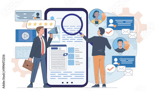 Illustration showing two business characters analyzing mobile app reviews with icons and profiles on a light background, symbolizing feedback and communication. Hand-drawn vector illustration