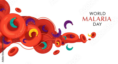 Illustrated vector art for World Malaria Day features stylized red blood cells with parasite shapes in a clean, bright design promoting global health and disease prevention against a white