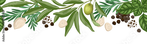 Seamless border of rosemary and black peppercorn. Lower vector hand drawn food illustration for kitchen and restaurant template. Cartoon repeat basil and garlic drawing perfect for washi tape graphic.