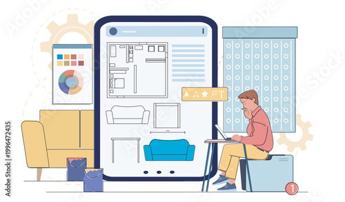 Scene showing person working on interior layout on large digital screen in flat graphic style on light background, concept of planning. Hand-drawn vector illustration