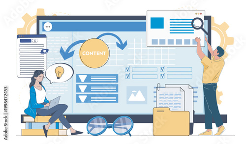 People working on digital content layout in flat graphic style on light background showing concept of creation and organization. Hand-drawn vector illustration