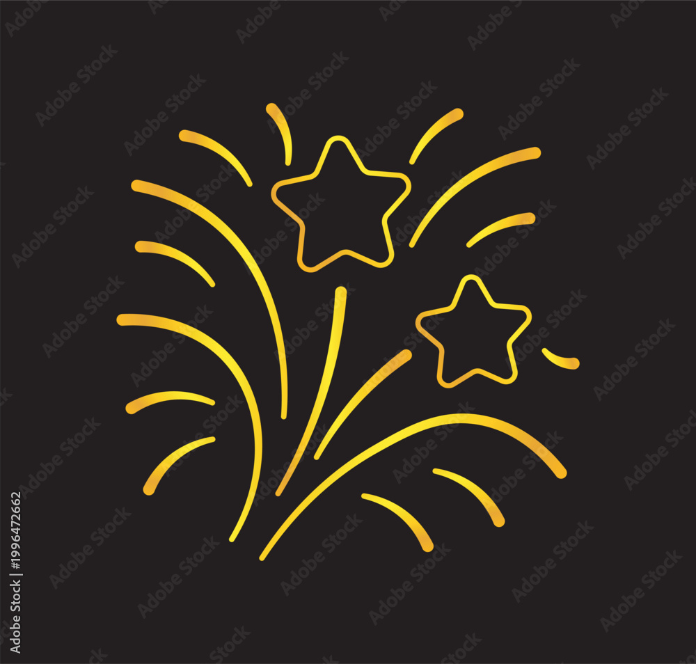 Fototapeta premium Glowing star-shaped fireworks depicted in a bright linear graphic style on a dark background, symbolizing celebration and festivity. Hand-drawn vector illustration