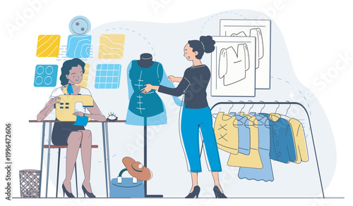 Two creators working with sewing machine, mannequin and garments in a stylized drawing on a light backdrop, showing the concept of fashion design. Hand-drawn vector illustration