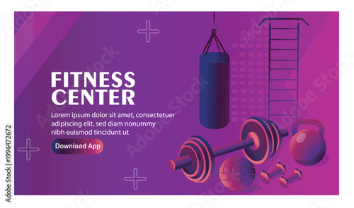 Fitness gear including weights, ball, bag in vibrant graphic style on a purple gradient background, representing training and wellness concept. Hand-drawn vector illustration