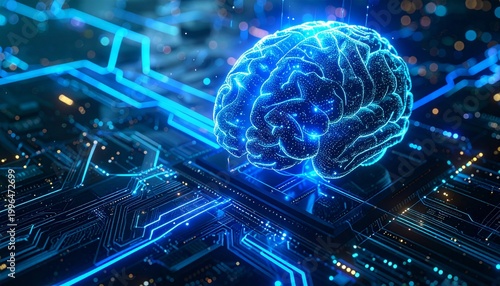 人間の脳とAIチップが融合した光るネットワーク構造のコンセプト