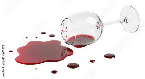 A spilled glass of red wine on a white surface with a broken stem isolated on transparent background