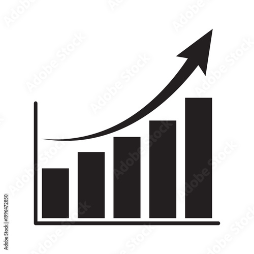 Growing bar graph icon with arrow going up. Financial success and profit growth symbol. Business development and progress chart. Market trend and data.