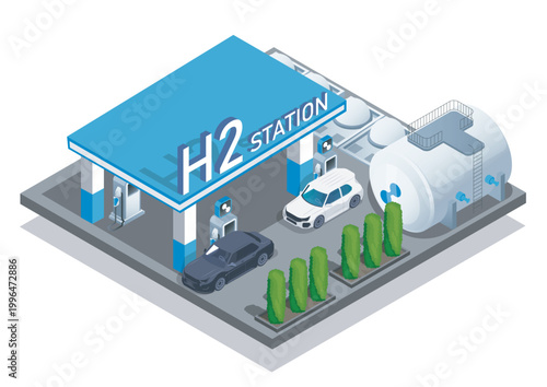 Illustration of a hydrogen fuel station with vehicles and storage tanks in clean isometric style on white background, concept of eco energy. Hand-drawn vector illustration