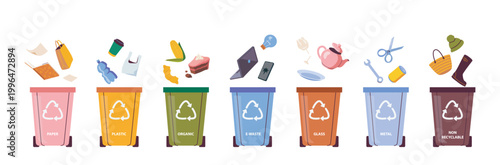 Colorful recycling bins holding different waste types in flat style on a white background illustrating the concept of sorting, recycling and sustainability. Hand-drawn vector illustration