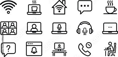 Remote work line icon set with video conferencing, home office setup, wifi connectivity and digital communication symbols