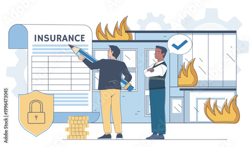 Two people discussing insurance near a burning building in flat style on a light background, showing risk protection and safety concept. Hand-drawn vector illustration