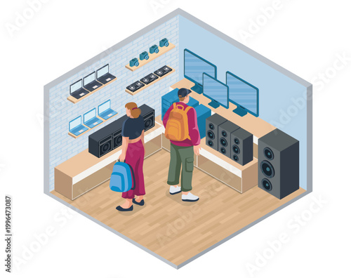 People browsing laptops, cameras and speakers in an isometric electronics shop on a light indoor background, concept of retail technology. Hand-drawn vector illustration