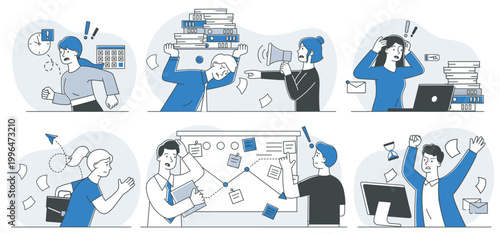 Multiple office workers shown under pressure in a clean flat style on a light background, depicting stress, deadlines, overload, and tension. Hand-drawn vector illustration