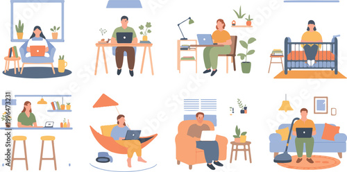 Mixed race women freelancers working from home on laptops during quarantine, social distancing concept, flat vector illustration