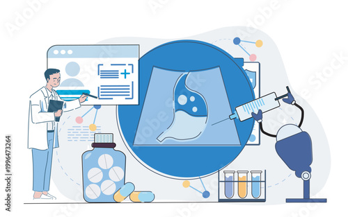 A medical scene showing doctor, robotic tool, stomach diagram, pills and test tubes in line art style on background, concept of healthcare. Hand-drawn vector illustration