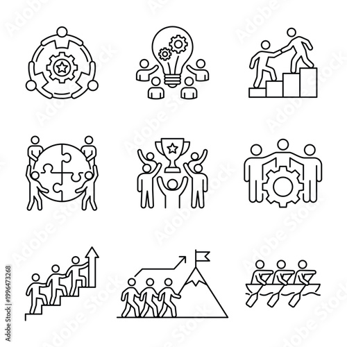 Business teamwork and collaboration for success line icon set