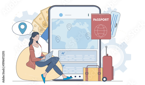 A woman using a laptop beside a large mobile screen with maps and travel items, in a clean line art style on a light background, showing modern trip organization. Vector illustration