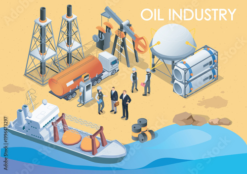 Various oil industry equipment, workers and a tanker ship in isometric style on sandy background, symbolizing energy production concept. Hand-drawn vector illustration