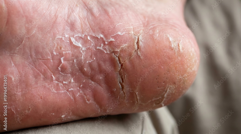 Fototapeta premium Dry Skin and Cracked Heel on a Human Foot with Peeling Skin Indicating a Dermatological Condition