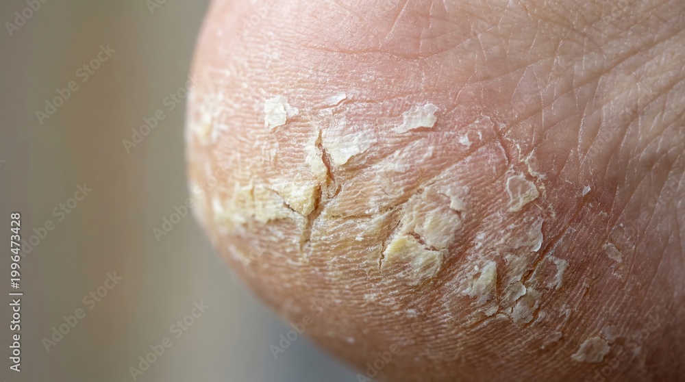 Fototapeta premium Dry Skin on Cracked Heel with Visible Peeling and Deep Fissures Indicating a Common Dermatological Issue