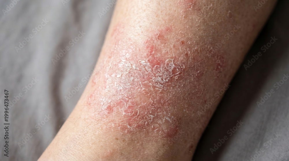 Fototapeta premium Skin Psoriasis or Eczema on Arm Close Up Showing Red Inflamed Flaky Patches and Dry Scales