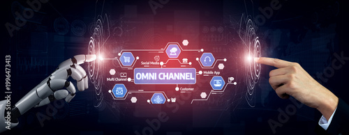 Fotografia A captivating image showcasing the connection between human and robot through technology, illustrating the concept of omni channel marketing and digital communication