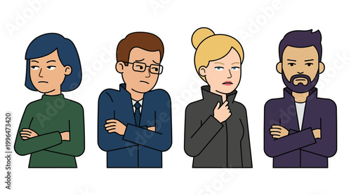 Four diverse cartoon characters displaying various negative emotions and body language.