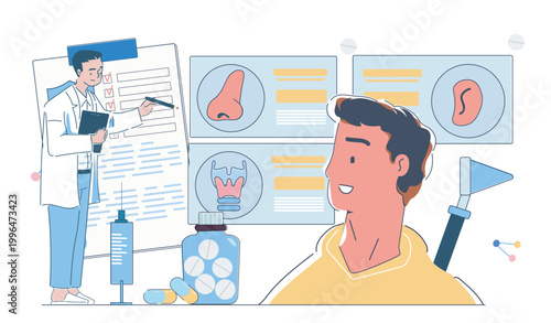 Doctor examining patient with ENT icons in clean flat style on white background, showing healthcare concept and medical diagnostics. Hand-drawn vector illustration