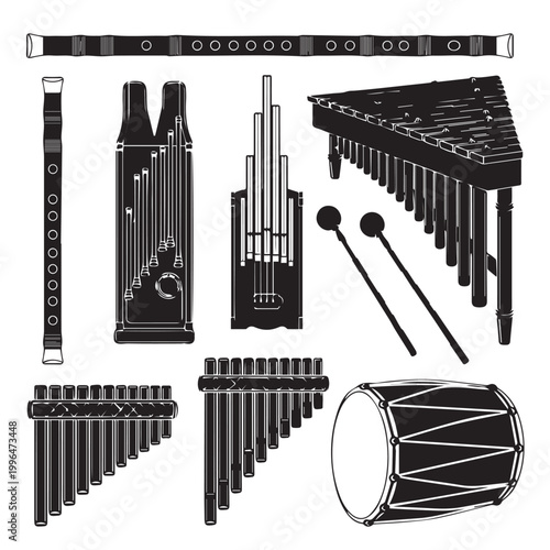 Collection of Various Wind, Percussion, and Keyboard Musical Instruments for Hobbyist Play.