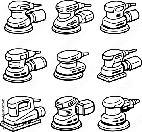 Set of eight different electric sander tools in various angles isolated on white