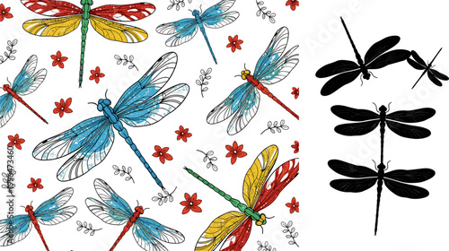 Colorful Hand Drawn Dragonfly Seamless Pattern with Red Flowers and Black Silhouette Collection Vector Illustration Set for Textile Design