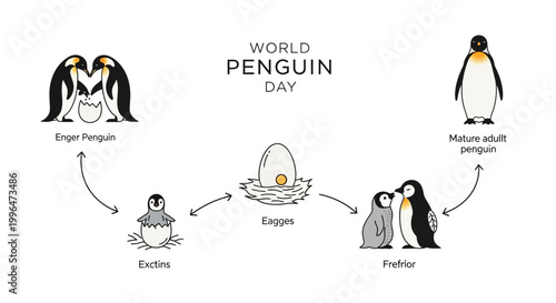 An infographic vector illustration showcases the life cycle of Emperor penguins, from eggs to mature adults, in celebration of World Penguin Day, presented in a clean, minimalist design