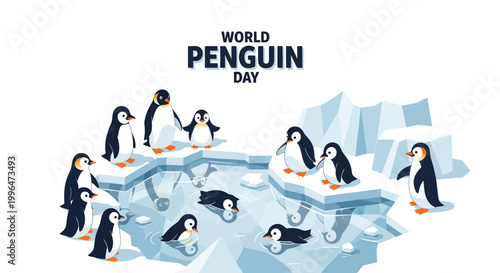 A vector illustration shows a penguin colony around an ice pool on World Penguin Day, with several penguins swimming and standing on ice floes against an Antarctic backdrop in a cheerful