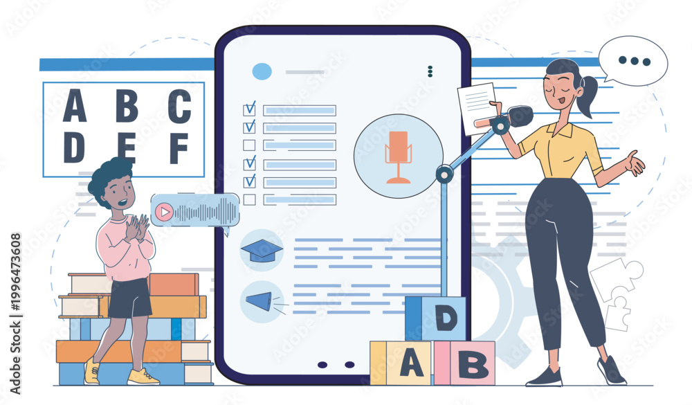 Obraz premium Scene with child and teacher using large mobile device for education in flat style on light background, concept of digital learning. Hand-drawn vector illustration