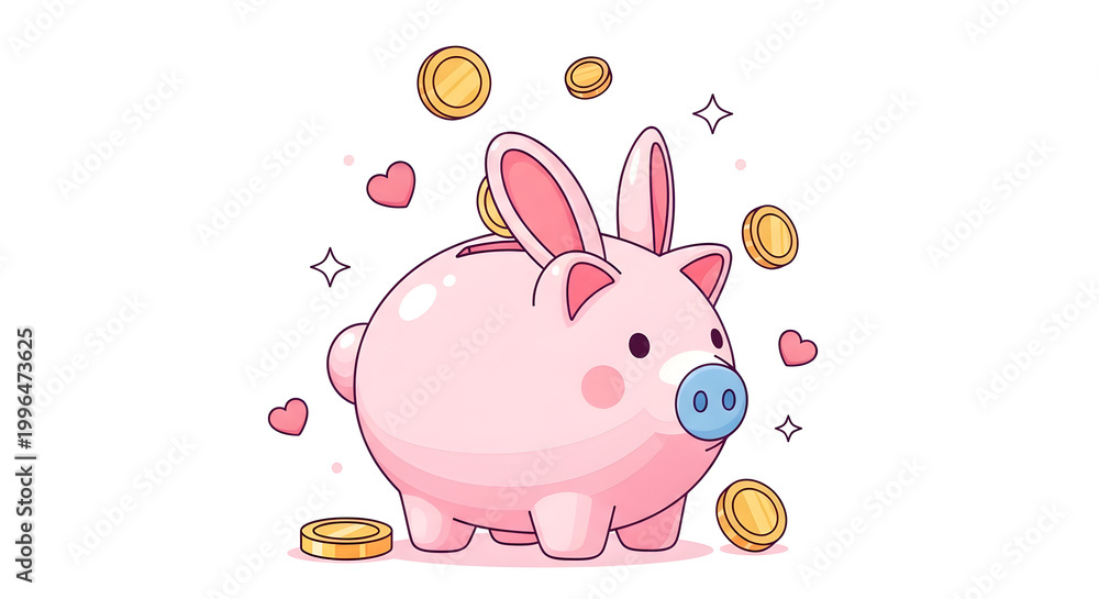 Fototapeta premium Whimsical piggy bank illustration with coins and hearts in a cheerful atmosphere