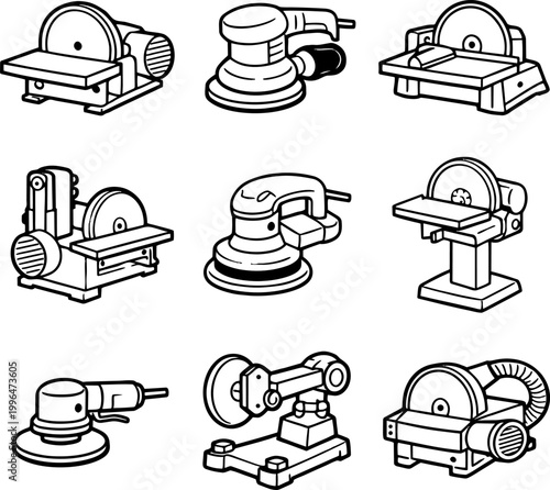 Set of eight different power tool illustrations including belt sander, disc sander, table