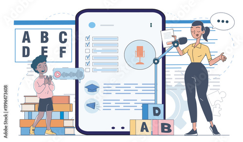 Scene with child and teacher using large mobile device for education in flat style on light background, concept of digital learning. Hand-drawn vector illustration