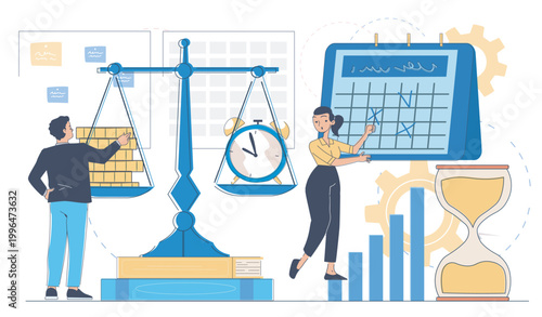 People with scales, money, clock and calendar in flat style on light background, showing planning and time management concept. Hand-drawn vector illustration