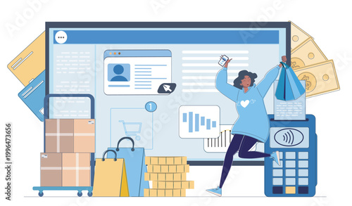 Scene of a happy shopper with bags beside digital payments, charts, parcels, and money on a white background, conveying online shopping. Hand-drawn vector illustration