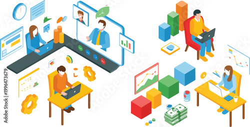 Business work from home icon set, remote office symbols, digital communication and productivity elements, flat vector illustration