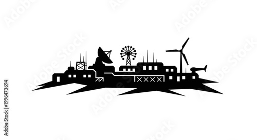 Black silhouette of industrial cityscape scene.