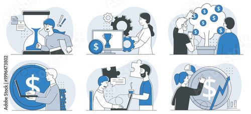Scenes of people working with money icons, time tools, gears, and growth symbols in a clean minimal graphic style on light backgrounds, expressing finance concepts. Hand-drawn vector illustration